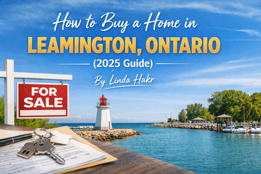 Featured image for a Leamington Ontario home buying guide showing a waterfront lighthouse, marina, and real estate for sale sign representing buying property in Windsor-Essex.