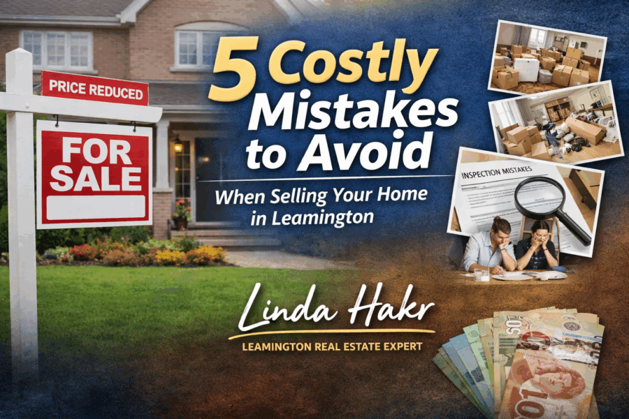 5 costly mistakes to avoid when selling a home in Leamington Ontario featuring a for sale sign and Windsor-Essex real estate seller tips