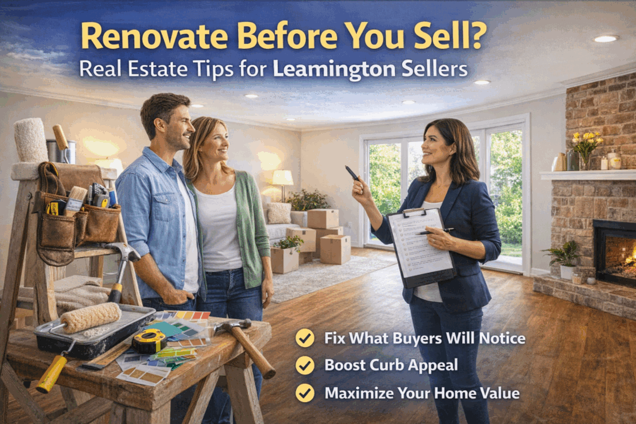 Real estate agent advising homeowners on renovations before selling a house in Leamington Ontario to improve home value and buyer appeal