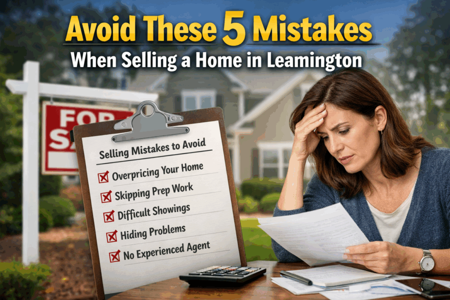 Checklist of common home selling mistakes in front of a Leamington house for sale, highlighting pricing errors, poor preparation, and choosing the wrong real estate agent.