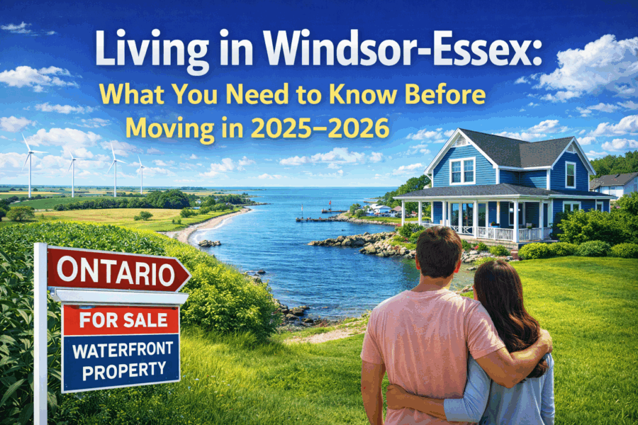 Couple overlooking a waterfront home in Windsor-Essex Ontario representing relocation and lifestyle living near Lake Erie