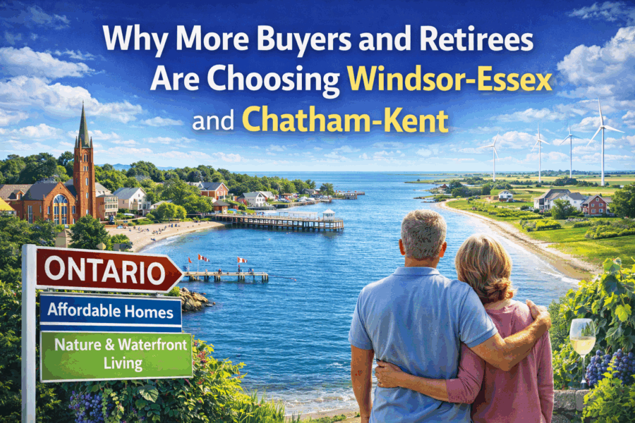 Couple overlooking waterfront community in Windsor-Essex Ontario representing relocation lifestyle and affordable housing in Southwestern Ontario