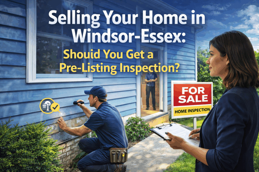 Home inspector checking exterior of a house before sale in Windsor-Essex Ontario representing a pre-listing home inspection for sellers