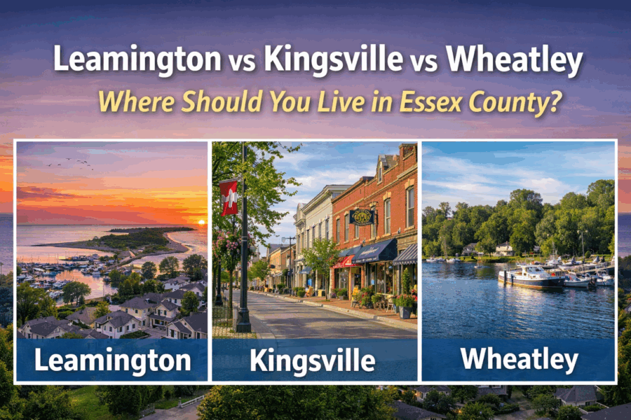 Comparison of Leamington, Kingsville, and Wheatley Ontario showing waterfront homes, downtown Kingsville, and Wheatley marina for buyers moving to Essex County