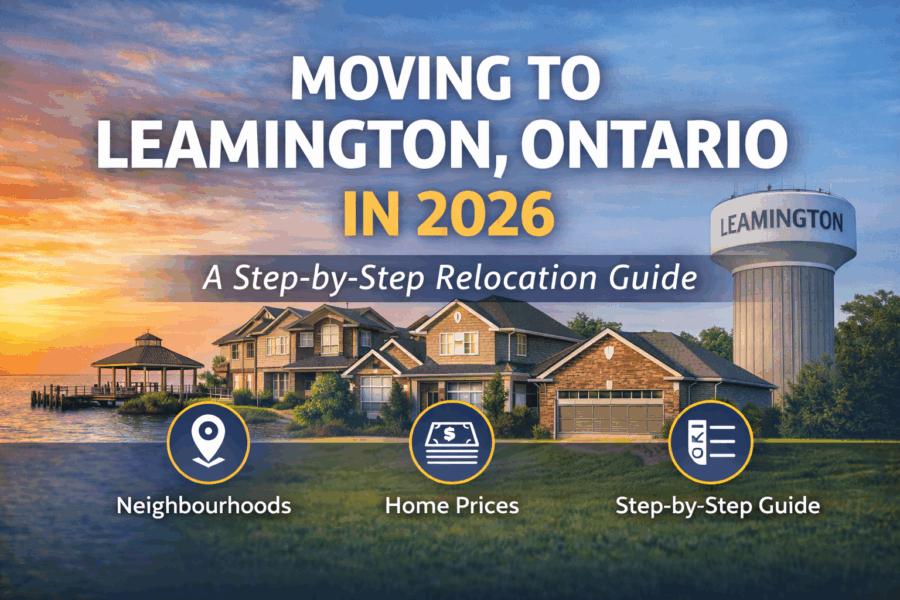 Moving to Leamington Ontario relocation guide 2026 showing Leamington homes, waterfront, and community lifestyle for buyers relocating to Windsor-Essex.