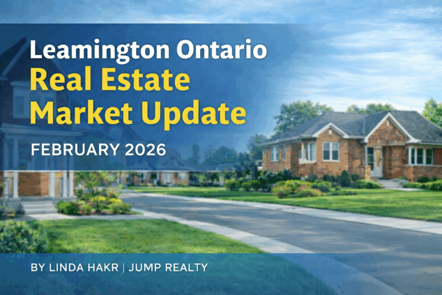 Leamington Ontario real estate market update February 2026 showing residential homes and market report title by Linda Hakr REALTOR®