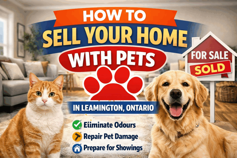 Dog and cat sitting in a staged living room with a sold sign illustrating tips for selling a home with pets in Leamington Ontario