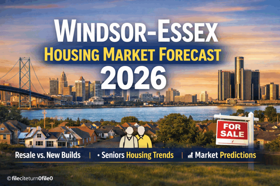 Windsor-Essex housing market forecast 2026 showing skyline, residential homes, and real estate trends affecting buyers and sellers in Windsor Ontario