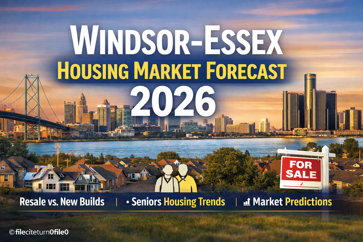 Windsor-Essex housing market forecast 2026 showing skyline, residential homes, and real estate trends affecting buyers and sellers in Windsor Ontario