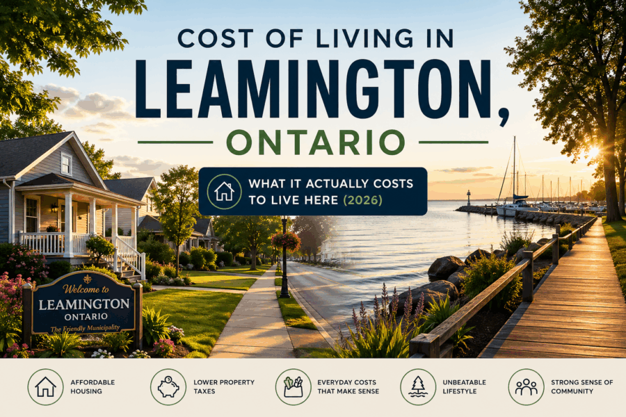 Cost of living in Leamington Ontario featuring residential homes and Lake Erie waterfront lifestyle in 2026
