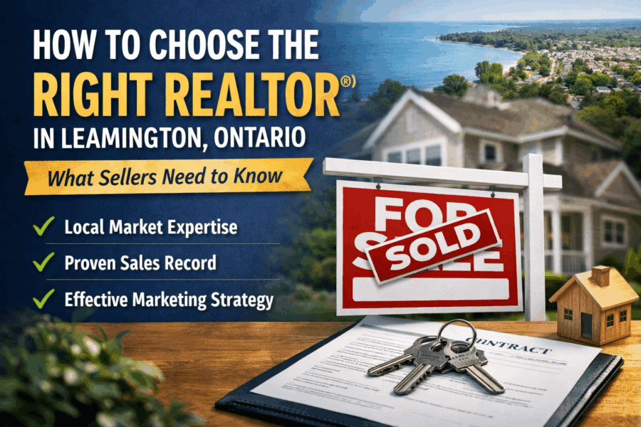 For sale sign in front of a home with a sold sticker representing how to choose the right REALTOR® in Leamington, Ontario