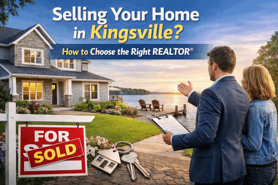 Kingsville Ontario home for sale with REALTOR showing property by the waterfront at sunset