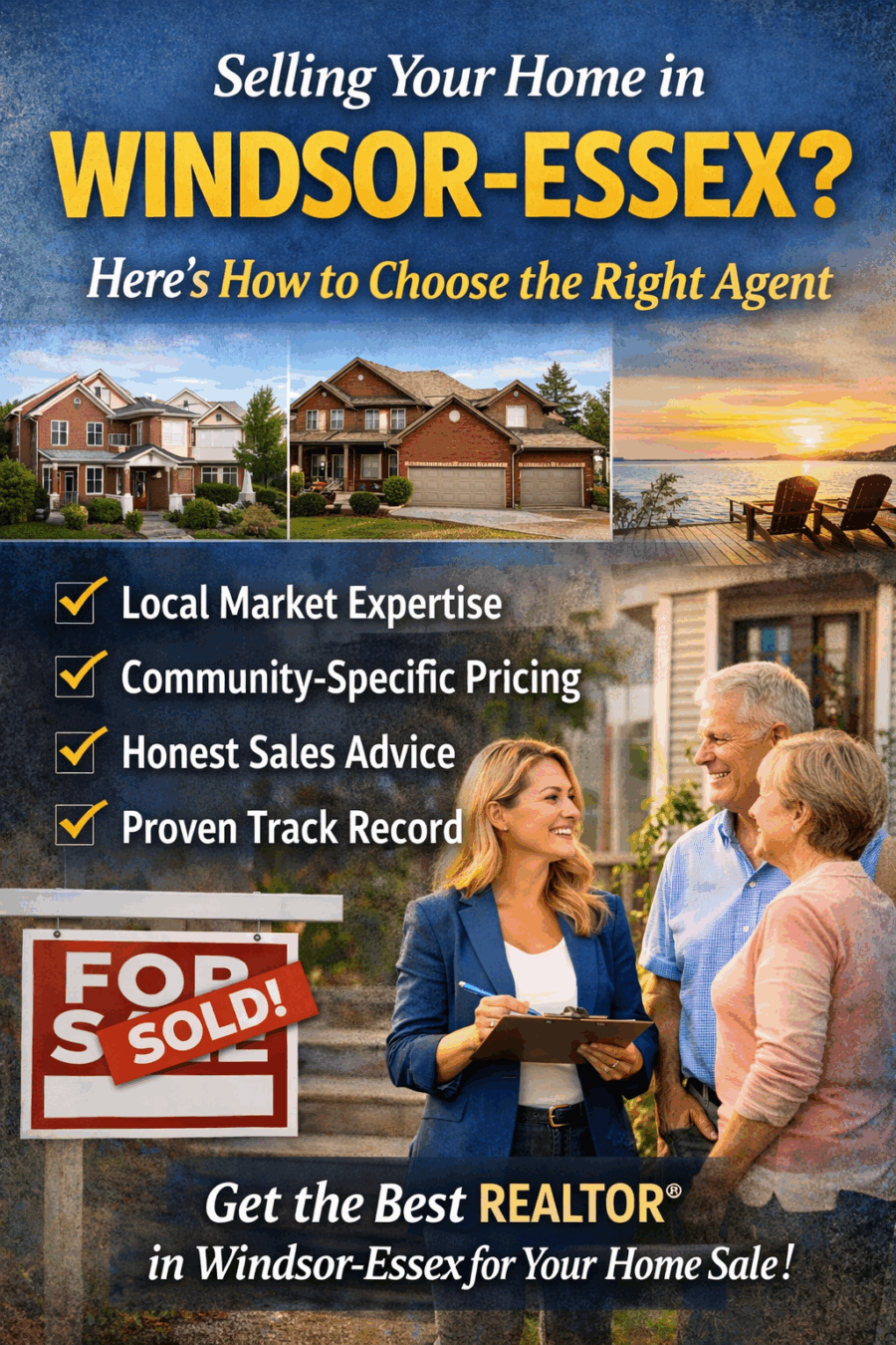 Windsor-Essex real estate agent helping homeowners sell their home with sold sign and residential homes in the background