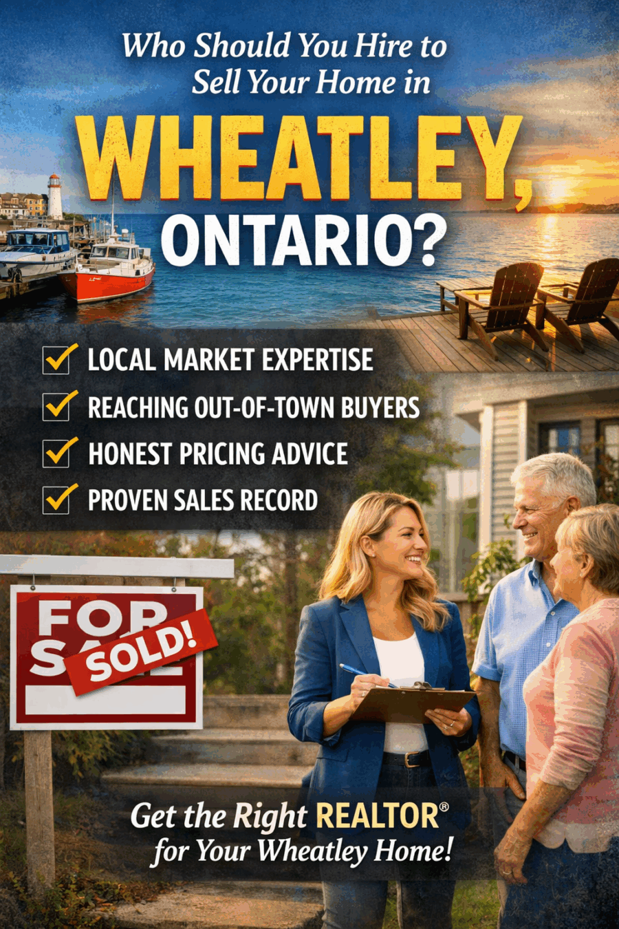 Wheatley Ontario real estate agent helping homeowners sell their home with a sold sign and Lake Erie waterfront background