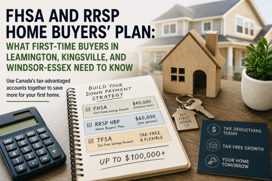 FHSA and RRSP Home Buyers Plan infographic showing first-time home buyer savings strategy in Windsor-Essex with TFSA, FHSA, and RRSP contributions