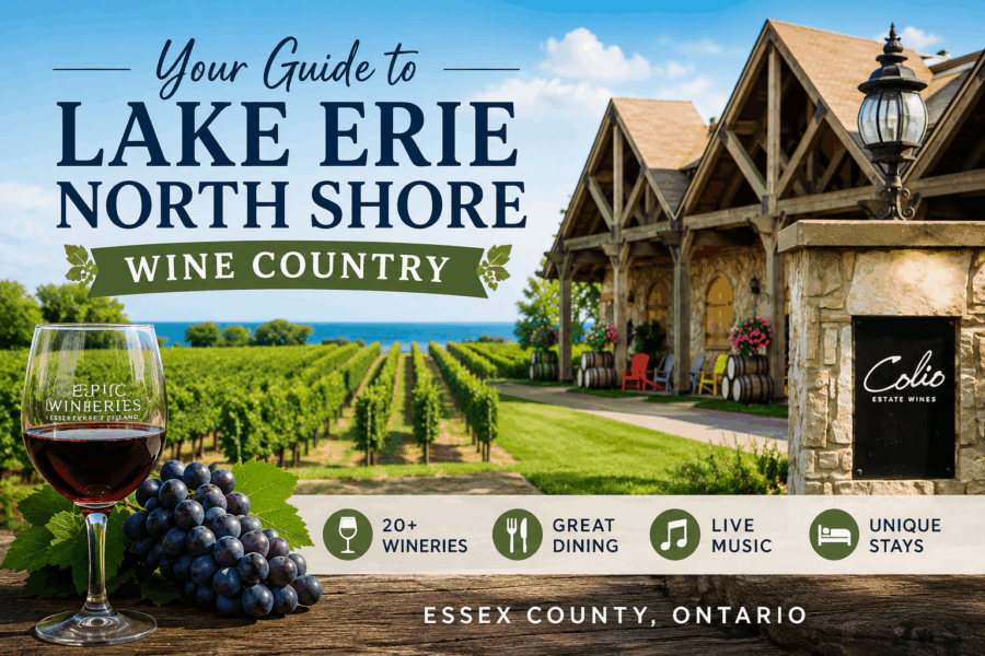 Lake Erie North Shore wine country in Essex County Ontario featuring vineyards, Colio Estate Winery, wineries, dining, live music, and wine tourism along Lake Erie.