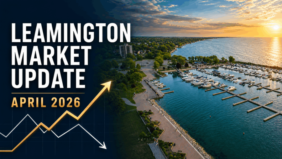 Aerial view of Leamington marina on Lake Erie with boats and waterfront park, used for April 2026 real estate market update graphic