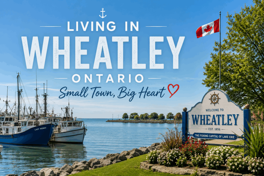 Living in Wheatley Ontario waterfront harbour with fishing boats on Lake Erie showing small town lifestyle
