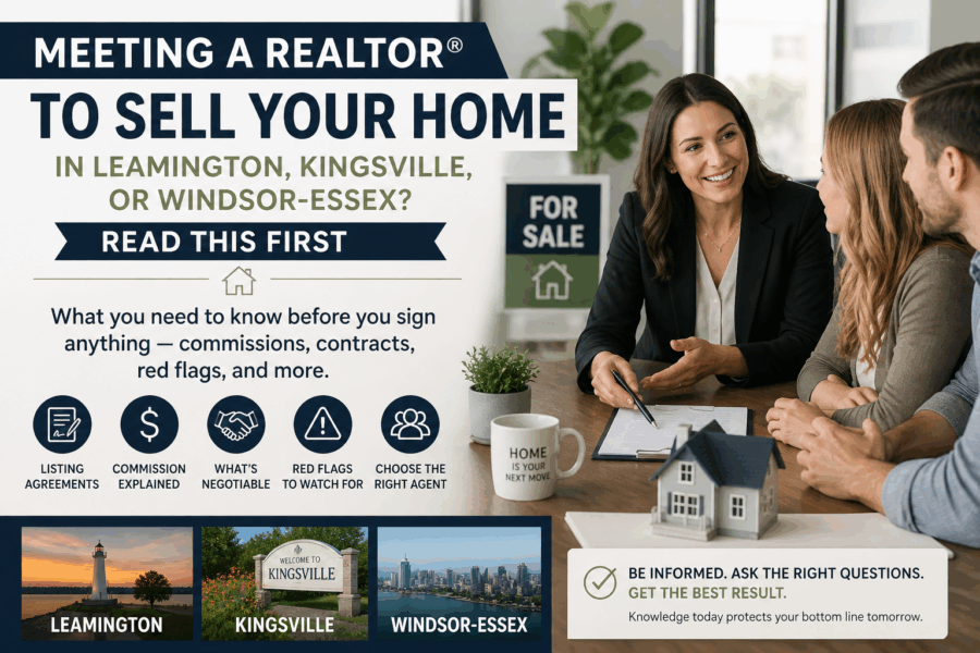 Meeting with a REALTOR® to sell a home in Windsor-Essex showing agent explaining listing agreement, commission, and selling process