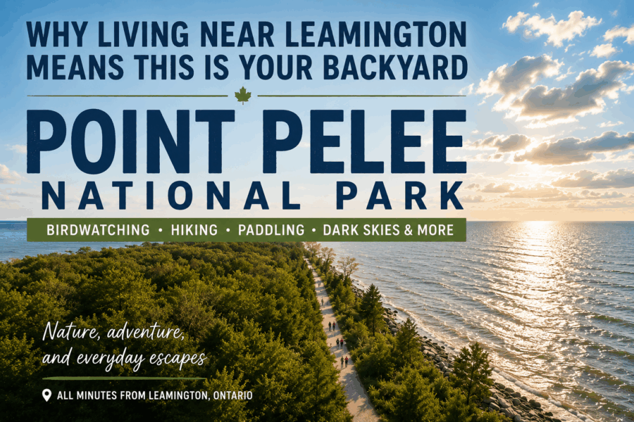 Aerial view of Point Pelee National Park near Leamington, Ontario, with Lake Erie shoreline and walking trail at sunset.
