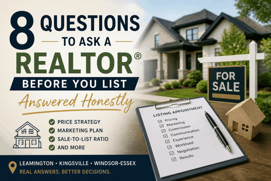 8 questions to ask a REALTOR before listing your home in Windsor-Essex Ontario including pricing strategy marketing plan and sale to list ratio