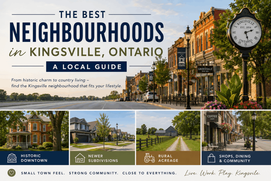Illustration of the best neighbourhoods in Kingsville, Ontario, featuring historic downtown, newer subdivisions, rural countryside, and local community amenities.