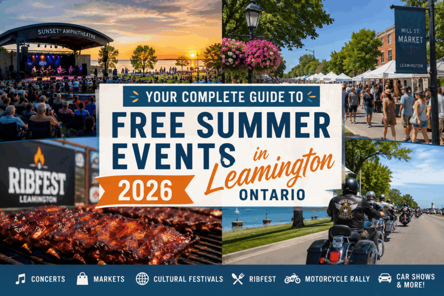 Free summer events in Leamington Ontario 2026 featuring waterfront concerts, Mill Street Market, Ribfest, Hogs for Hospice, and community festivals.