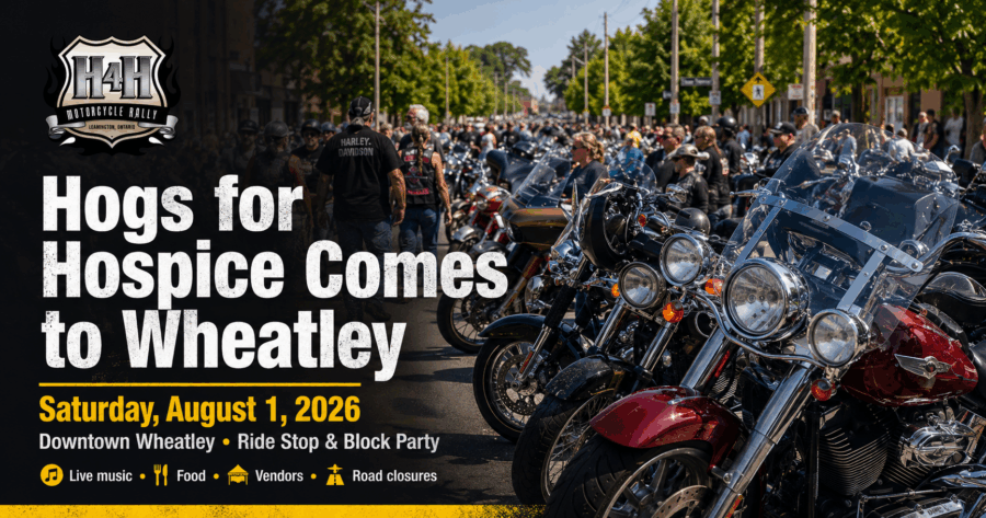 Hogs for Hospice motorcycles gathered in downtown Wheatley for the August 1, 2026 ride stop and block party.