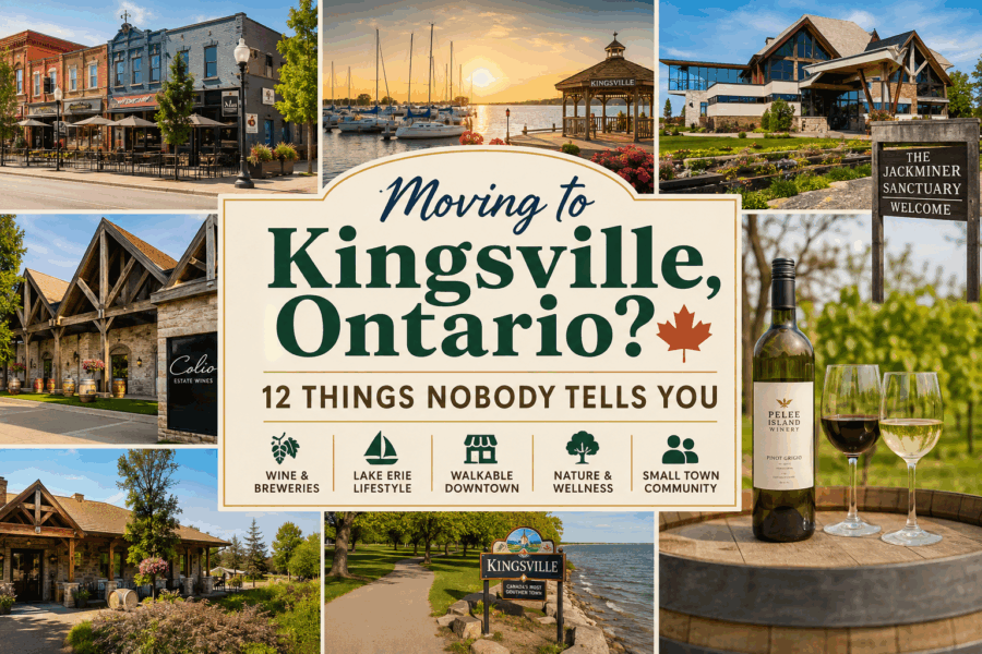 Moving to Kingsville, Ontario featuring downtown, Lake Erie waterfront, wineries, Jack Miner Sanctuary, and local lifestyle attractions in Essex County.