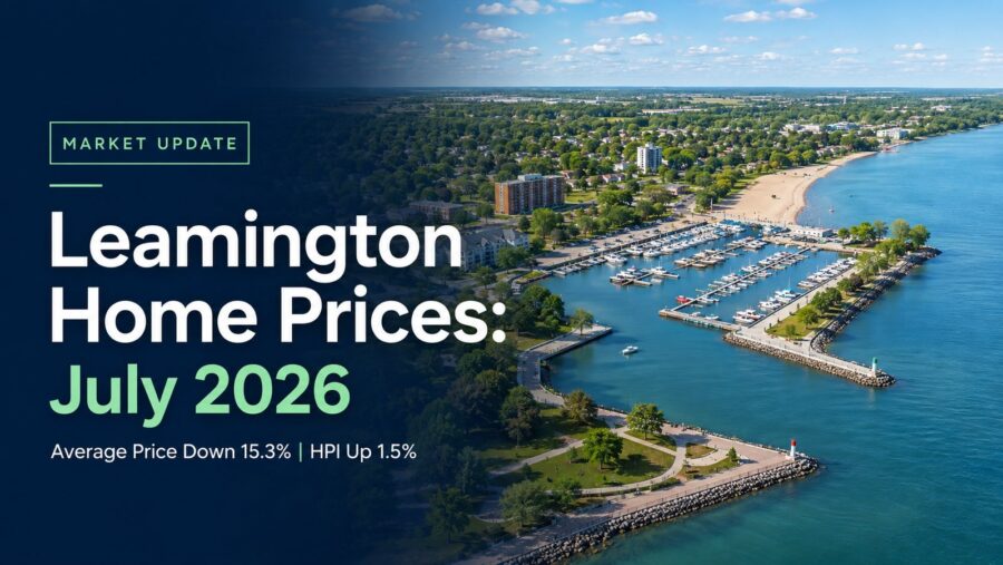 Aerial view of the Leamington, Ontario waterfront and marina with text highlighting July 2026 home prices, including an average price decrease of 15.3% and an HPI increase of 1.5%.