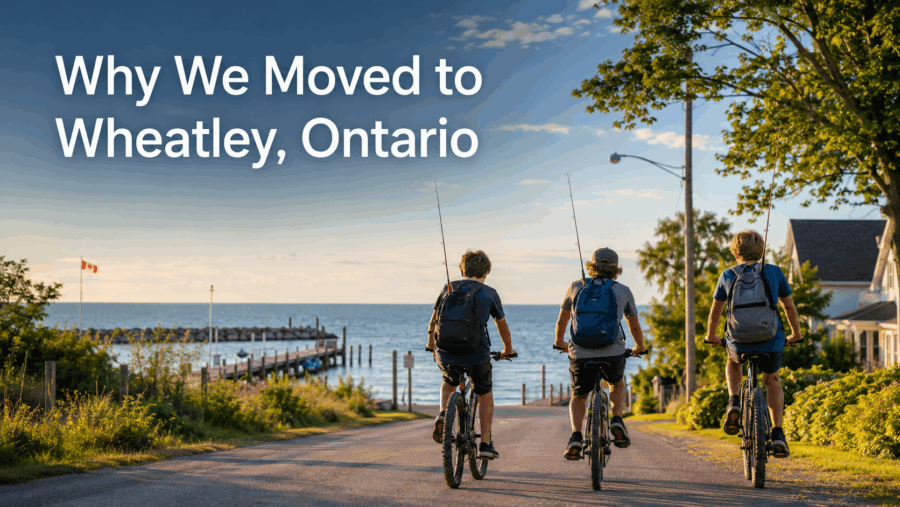 Three boys riding their bikes with fishing rods toward the Lake Erie waterfront in Wheatley, Ontario.