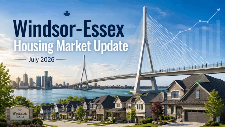Windsor-Essex housing market update for July 2026 featuring the Gordie Howe International Bridge and local homes.