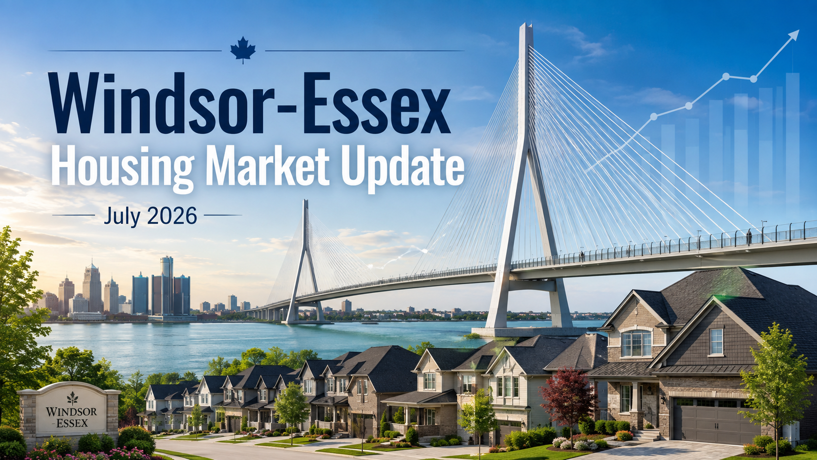 Windsor-Essex housing market update for July 2026 featuring the Gordie Howe International Bridge and local homes.