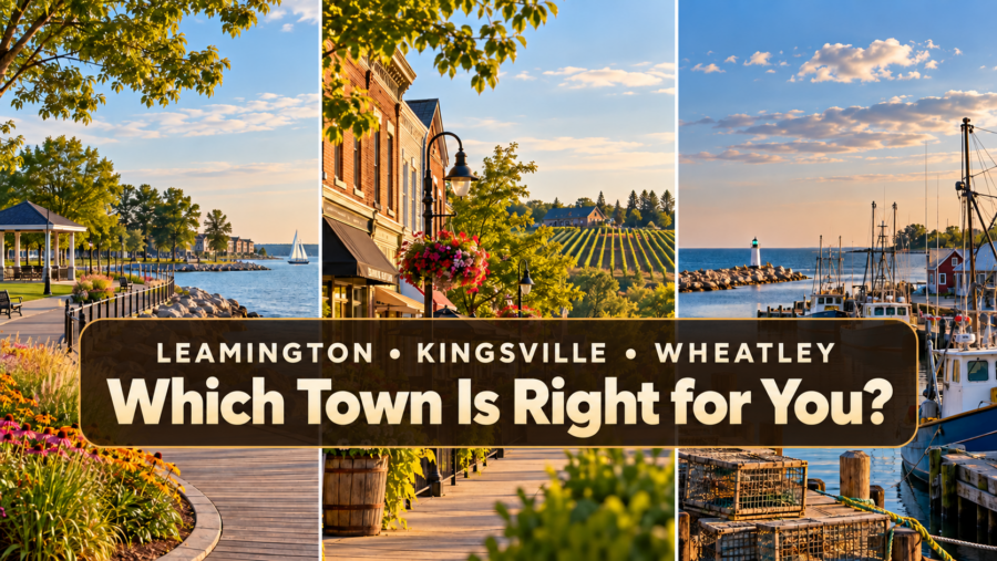Illustrated comparison of Leamington’s waterfront, Kingsville’s main street, and Wheatley’s harbour.