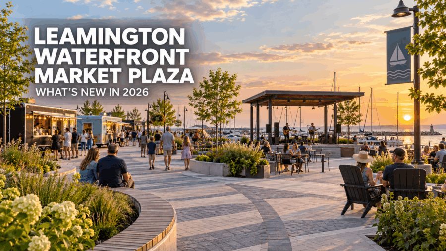 Leamington Waterfront Market Plaza featuring food vendors, live music, waterfront seating, and views of Lake Erie.