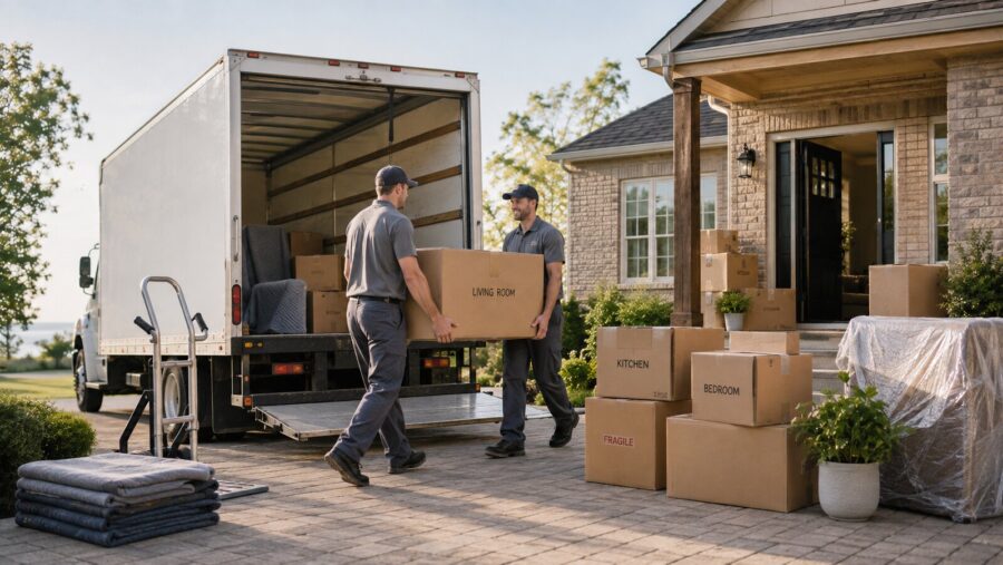 Professional movers unloading labelled boxes from a moving truck outside a Windsor-Essex home