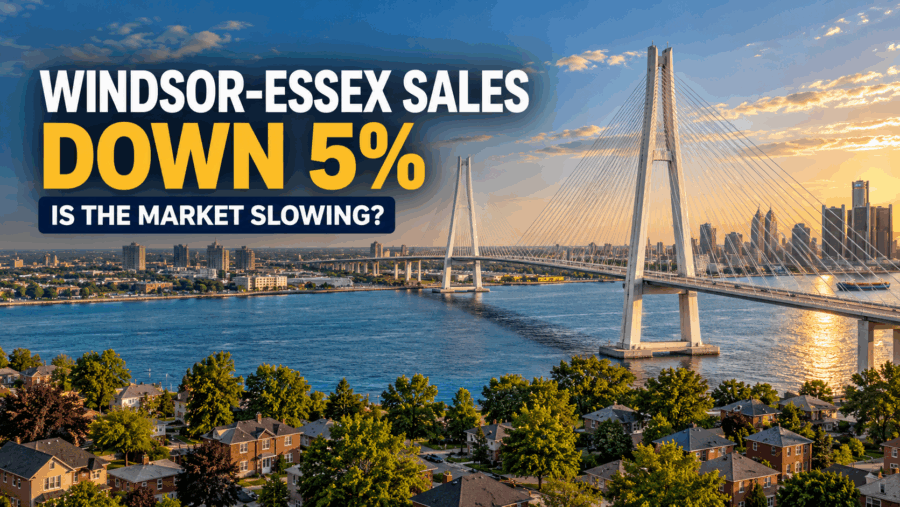 Gordie Howe International Bridge and Windsor homes with the words “Windsor-Essex sales down 5%—is the market slowing?