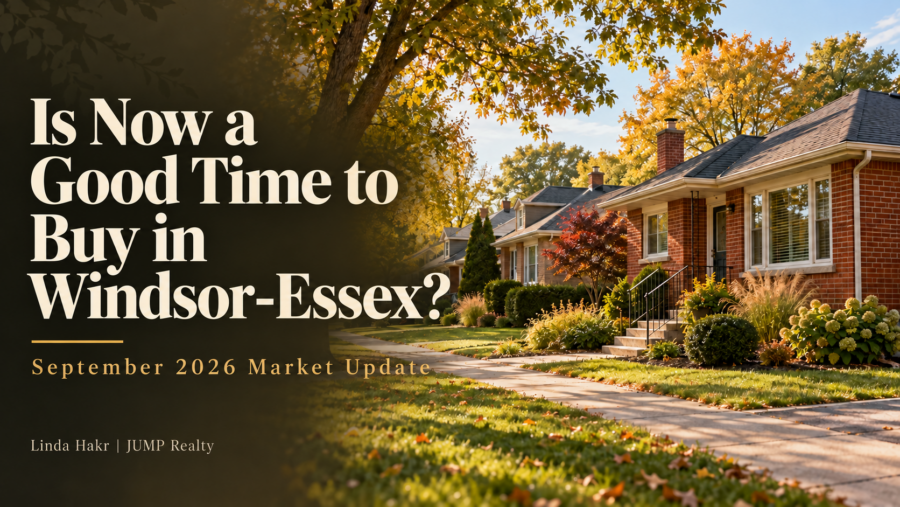 Is now a good time to buy in Windsor-Essex? September 2026 market update graphic with an autumn neighbourhood scene.