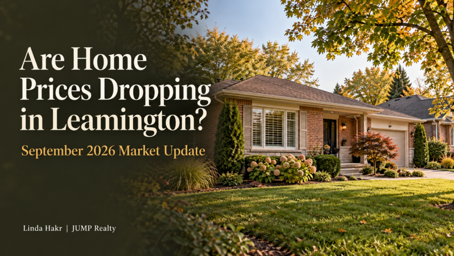 Are home prices dropping in Leamington? September 2026 market update graphic featuring an AI-generated brick home in autumn.