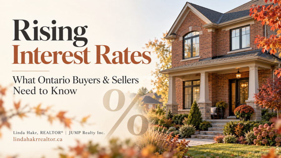 Brick home with autumn landscaping beside the headline “Rising Interest Rates: What Ontario Buyers & Sellers Need to Know